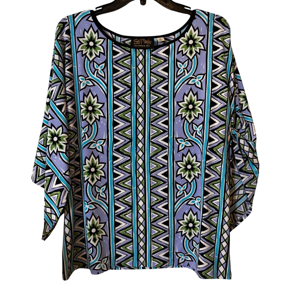 Bob Macke Wearable‎ Art Women's Blouse Medium Geometric Blue Lavendar Floral